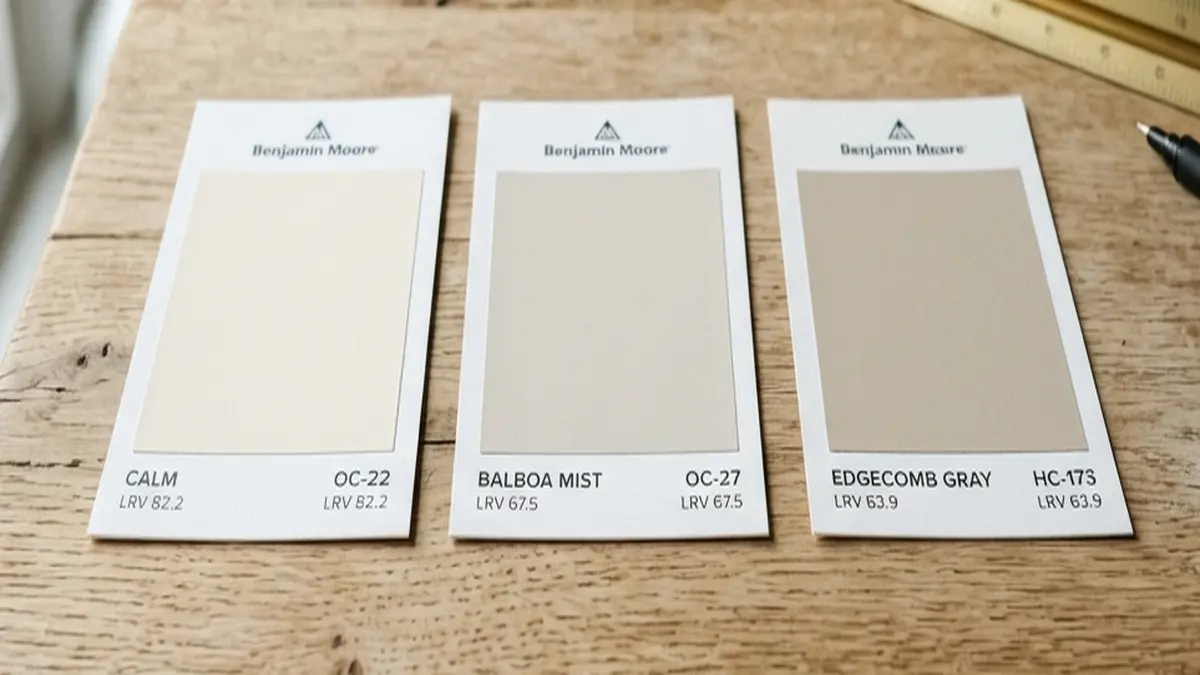 Close-up macro of neutral paint swatch cards comparing warm white, cool greige, and soft taupe undertones