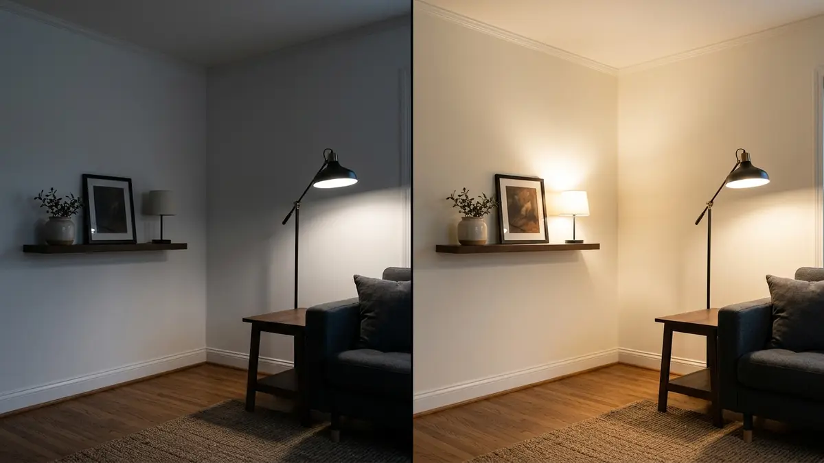 Side-by-side split comparison demonstrating metamerism and paint undertone shifts between cool light and warm light