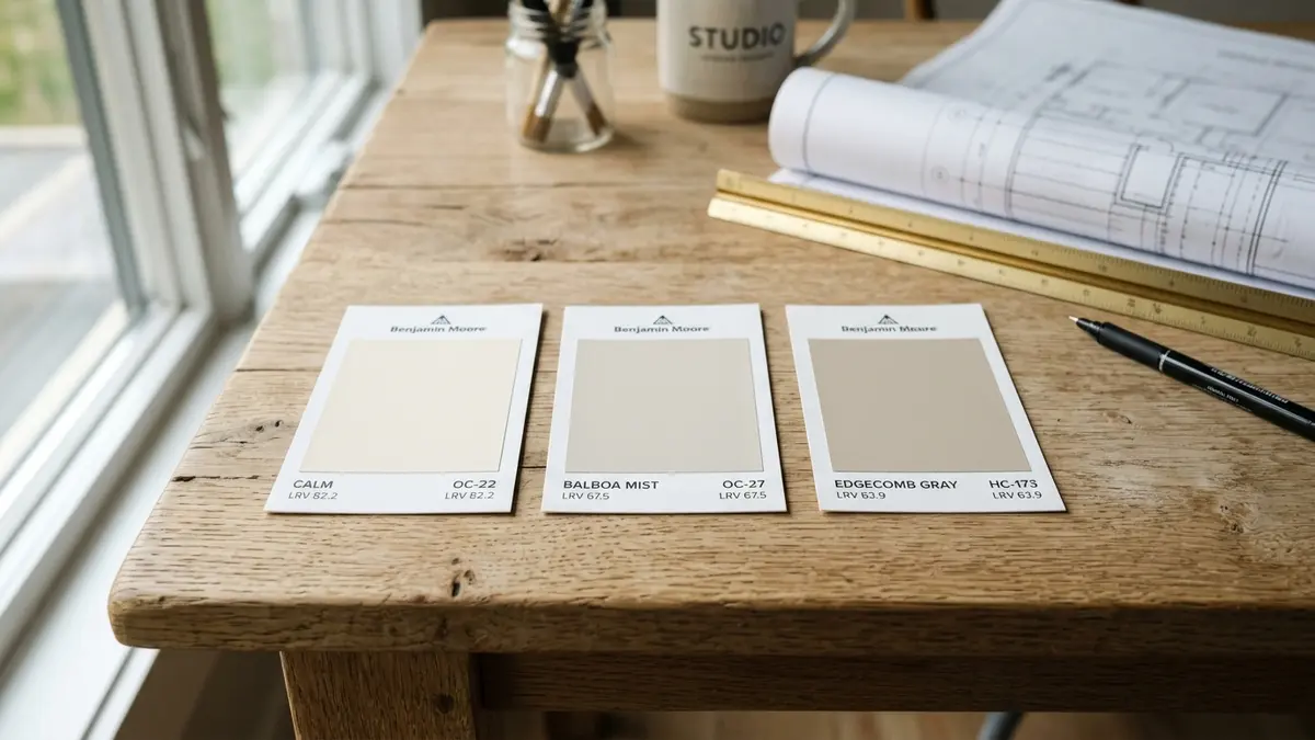 Designer work desk showing paint swatch cards, architectural blueprint, and ruler under natural daylight