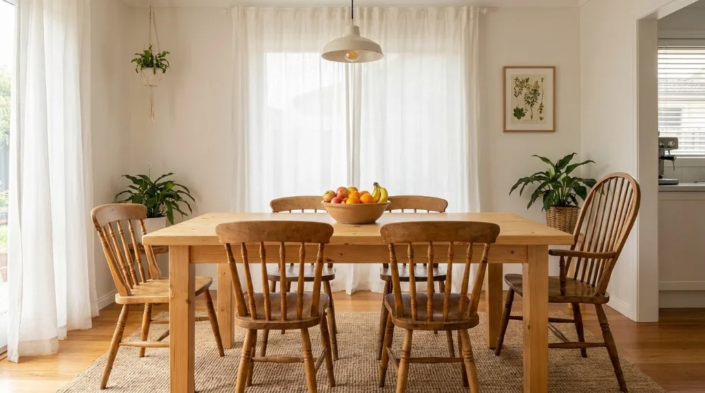 Dining room featuring an affordable solid pine dining table paired with mismatched vintage wood spindle chairs