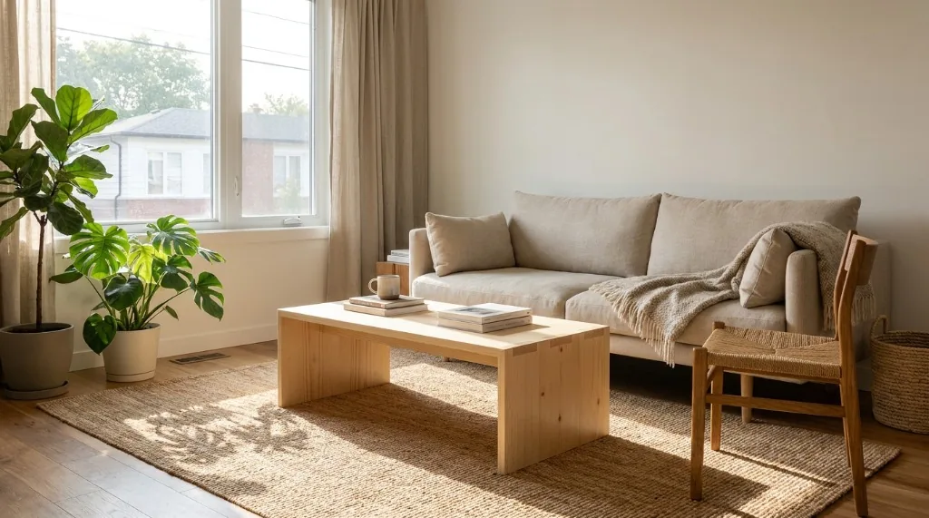 Bright living room styled with an affordable solid pine coffee table, linen sofa, and natural jute rug