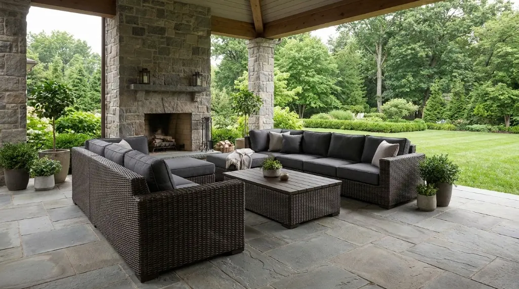 Espresso brown HDPE resin wicker outdoor sectional sofa on a covered stone patio overlooking a garden
