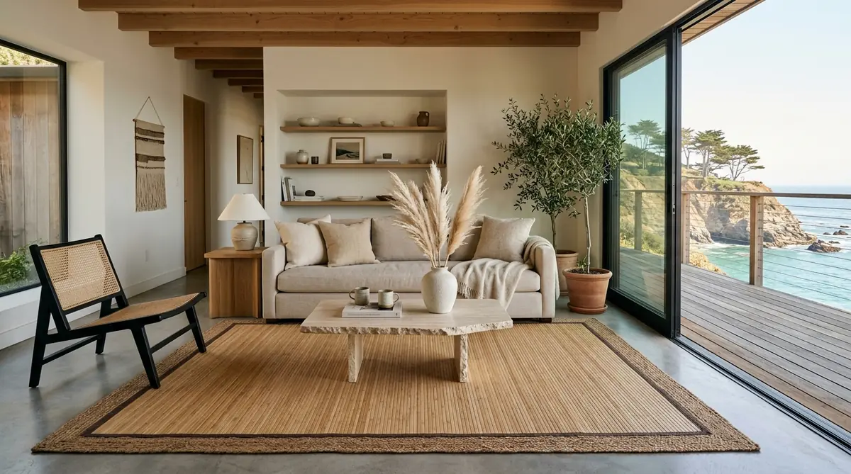 Anji Mountain natural bamboo slat rug with woven jute border in Japandi living room