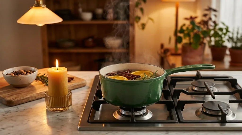 Apartment stovetop simmer pot with sliced citrus, cinnamon sticks, rosemary, and a pure beeswax pillar candle for non-toxic winter aroma