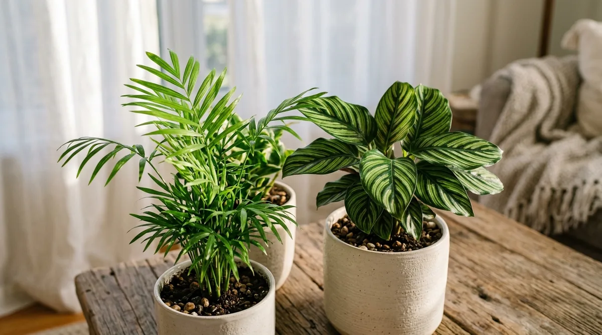 Architectural indoor palm and calathea plants styled in ceramic planters beside natural wood furniture