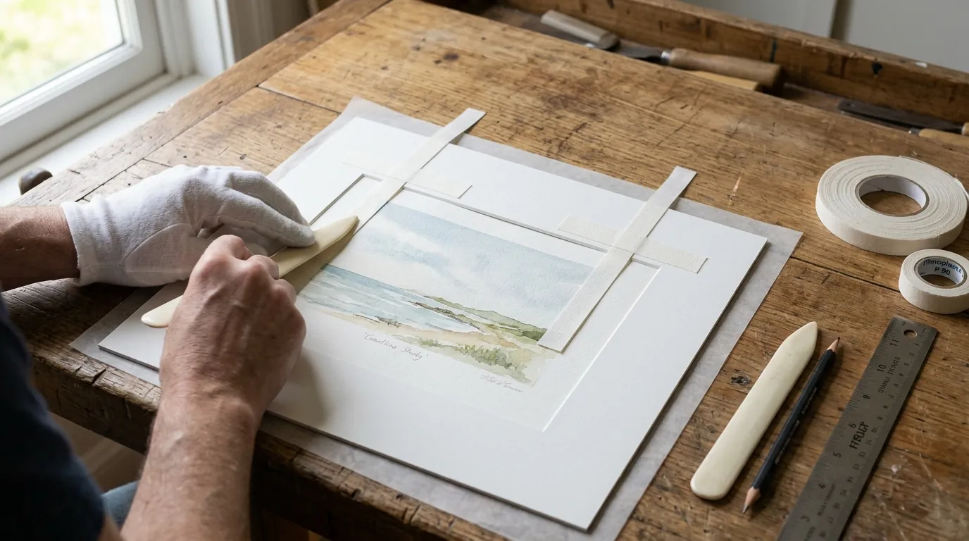 Archival T-hinge mount with an art print, acid-free matboard, linen tape, and bone folder