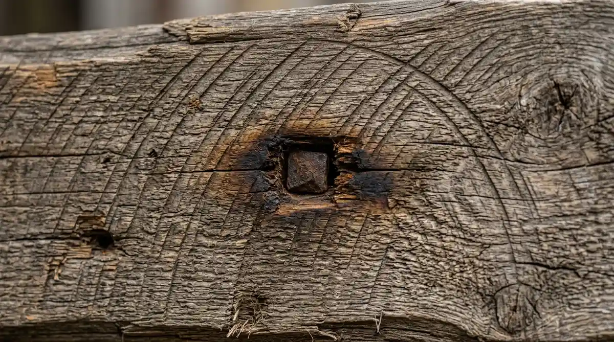 Macro close-up of authentic antique reclaimed barn wood timber showing curved circular saw kerf marks and dark iron oxide staining radiating from a square nail hole.