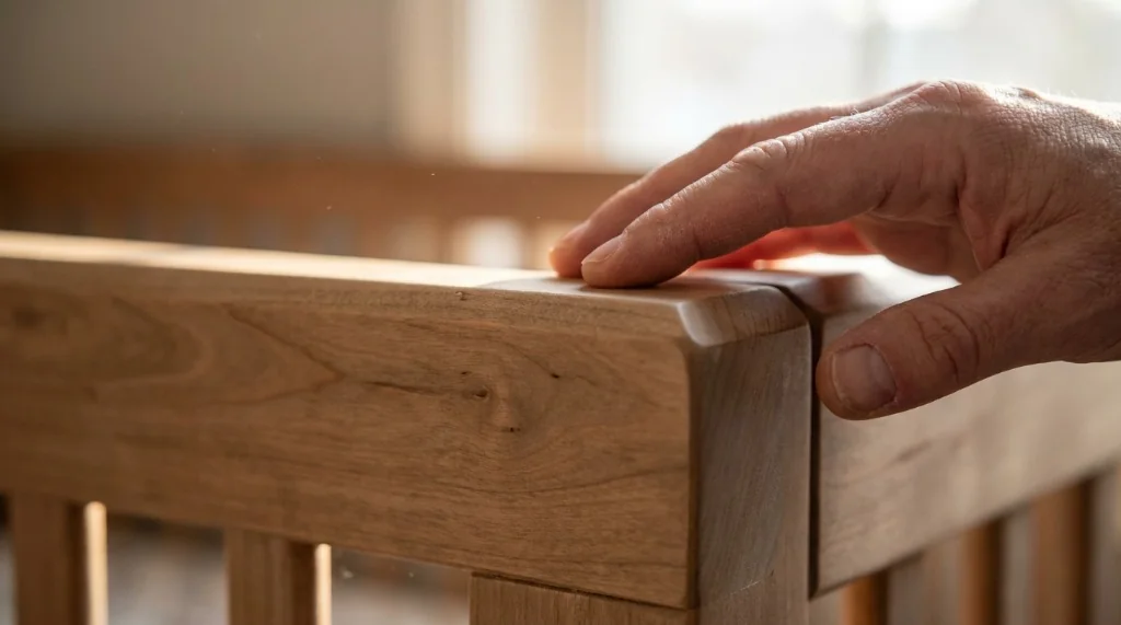 Close-up of a parent hand touching the smooth, food-grade non-toxic waterborne finish on a solid hardwood crib top rail