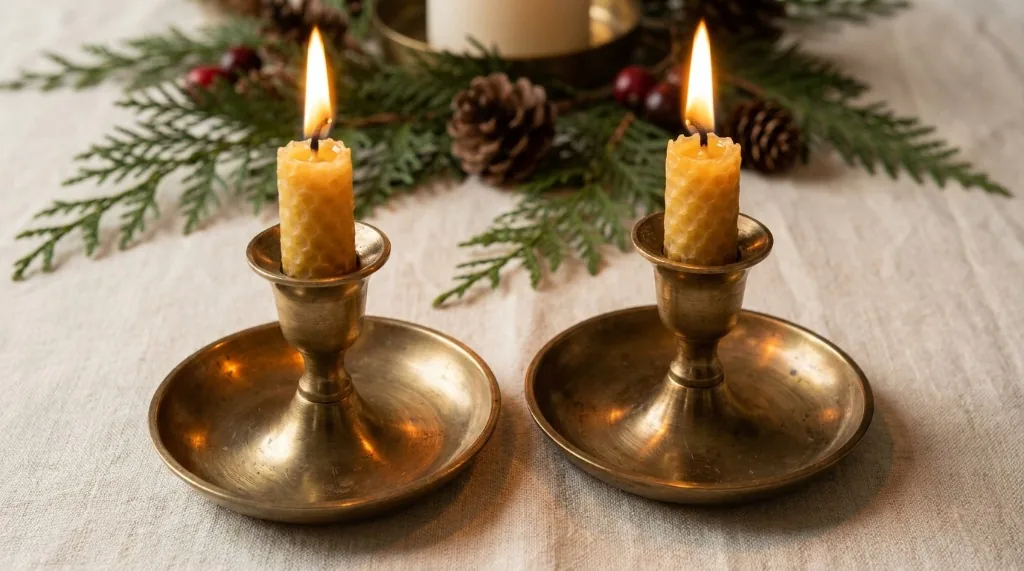 Solid brass candleholders with honeycomb beeswax taper candles and brass drip bobeches burning cleanly on a linen holiday table