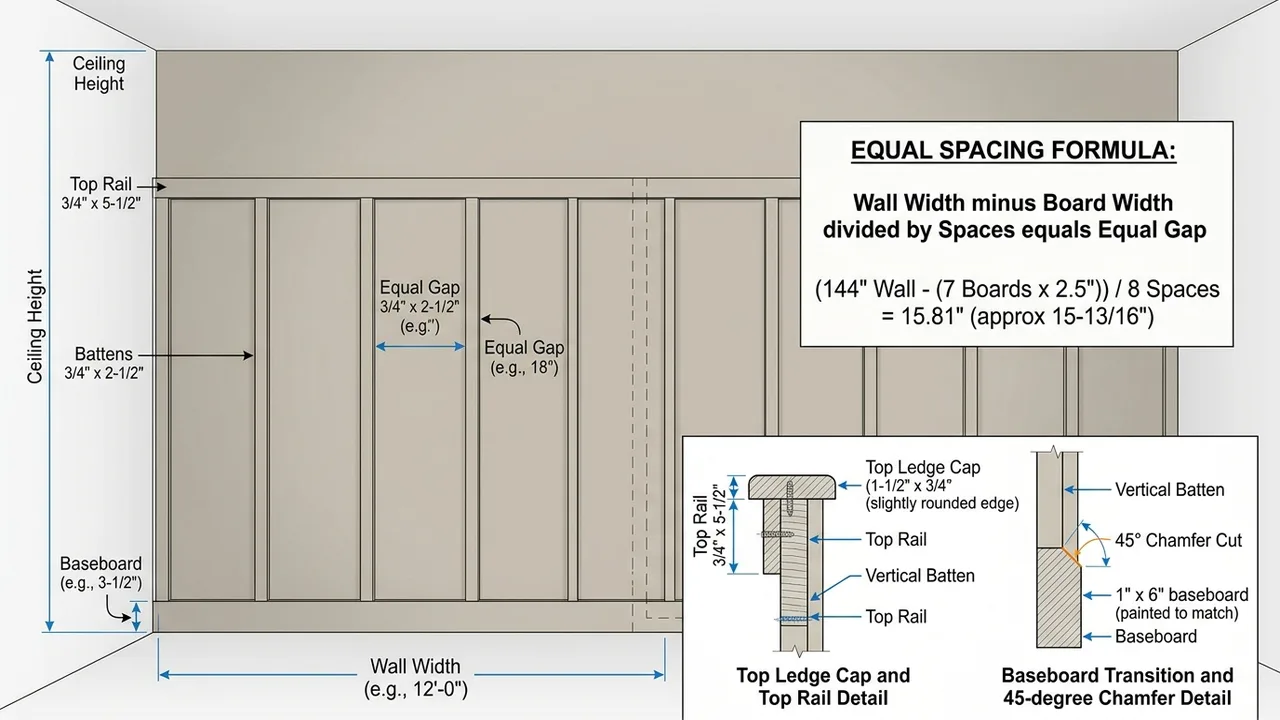 Architectural diagram demonstrating board and batten spacing calculator formula with top rail and batten gap measurements