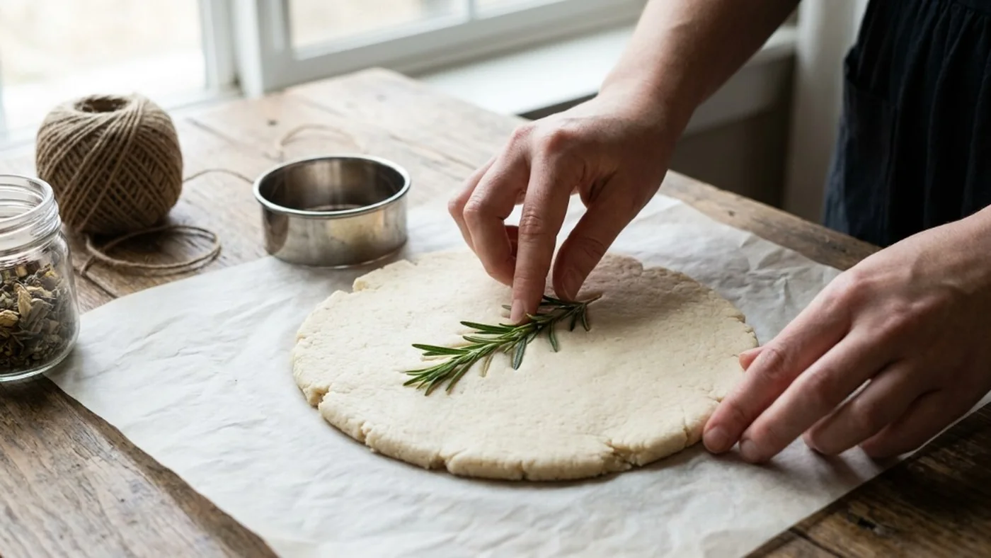 Hands softly pressing fresh rosemary sprig into rolled salt dough on parchment paper to make homemade eco friendly christmas decorations