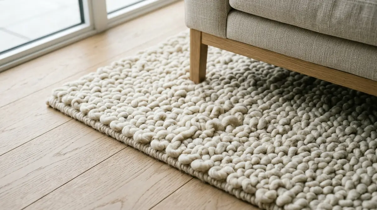 Close up macro of CHICRUG thick chunky loop unbleached New Zealand wool rug texture