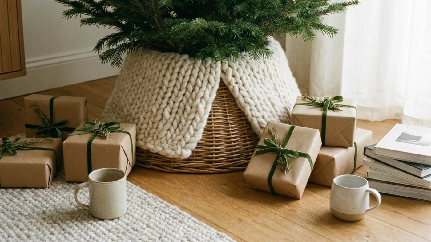 Chunky knit unbleached wool blanket draped over a woven wicker tree collar with kraft paper wrapped gifts and natural green ribbon