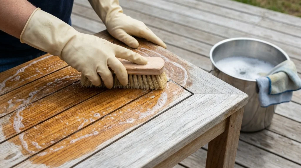 Hands wearing rubber gloves cleaning a solid teak tabletop with a soft bristle brush and gentle soapy water lather