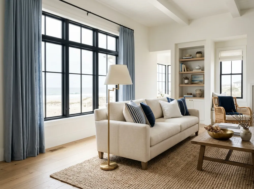 Coastal 60-30-10 rule living room palette with white walls, slate blue linen curtains, and warm brass accents