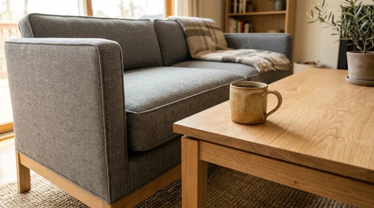 Coffee table surface sitting one to two inches below a sofa cushion