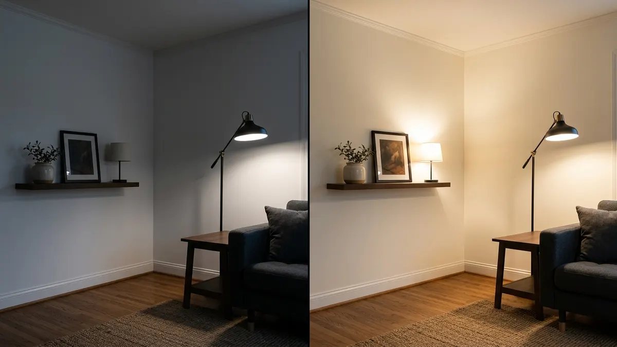 Side-by-side comparative split photograph showing stark cool white paint looking dreary in dim light versus warm high LRV paint looking bright and luminous