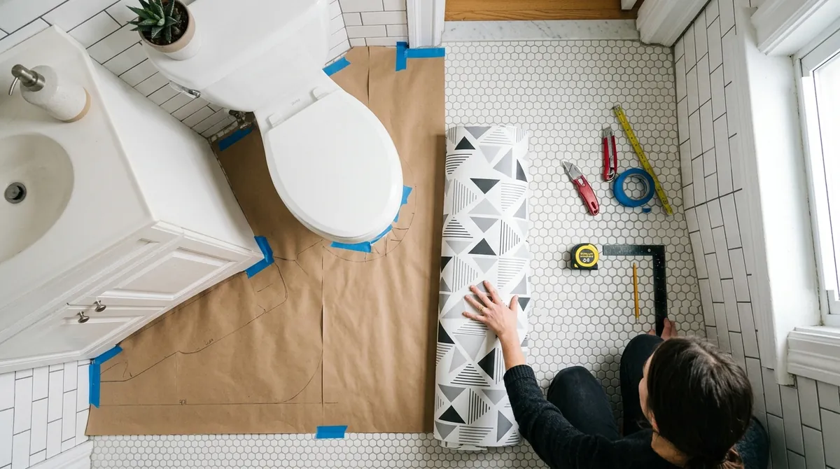 How to cover ugly rental bathroom floor tiles using a kraft paper template and peel-off sheet vinyl