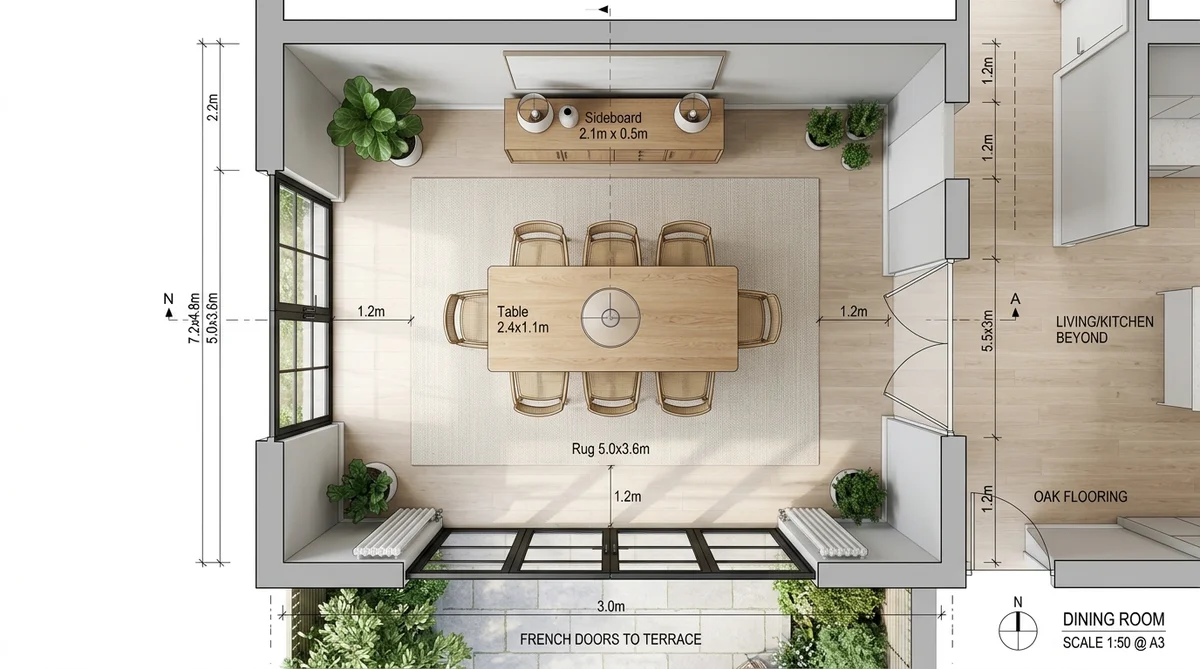 Dining table 36-inch, 42-inch, and 48-inch clearance from wall diagram