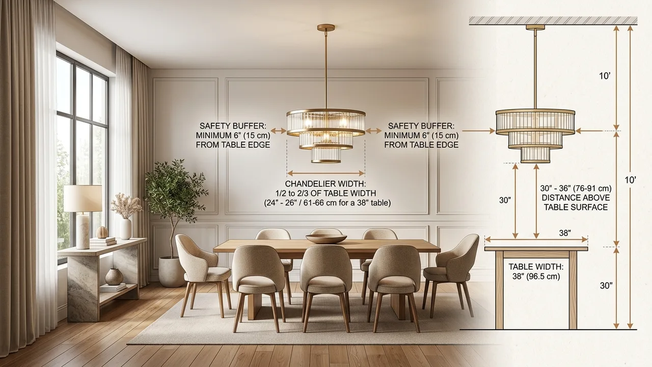 Architectural technical diagram illustrating chandelier size for dining table proportions and hanging height clearances
