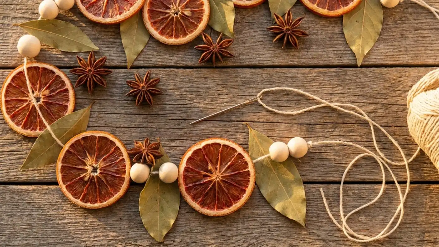 Overhead view of threading dehydrated blood orange slices, bay leaves, star anise, and wood beads for natural homemade christmas decorations