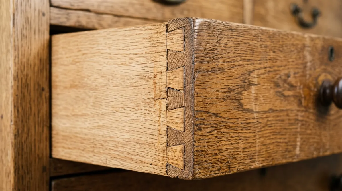 Close up of hand cut dovetail joints on solid oak dresser drawer showing natural wood grain