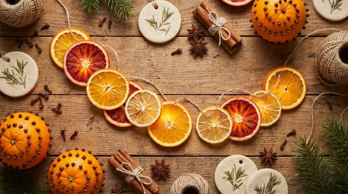 Dried citrus garlands, clove oranges, and rosemary salt dough ornaments on a wood table