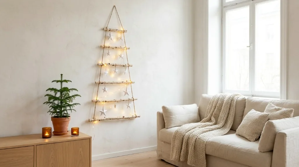 Eco-friendly Christmas decorations styled in a Scandinavian small apartment living room with wall dowel tree and potted Norfolk pine