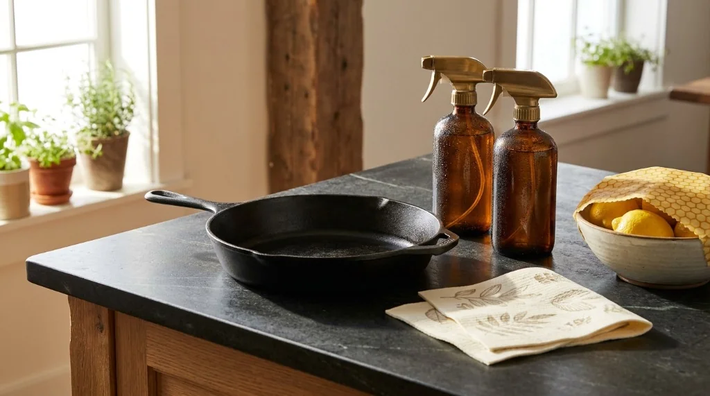 Kitchen eco swaps comparison matrix showing cast iron cookware, Swedish cellulose dishcloths, and beeswax wraps