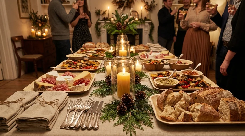 Eco-friendly New Year buffet with palm leaf plates, linen napkins, and glass candle holders