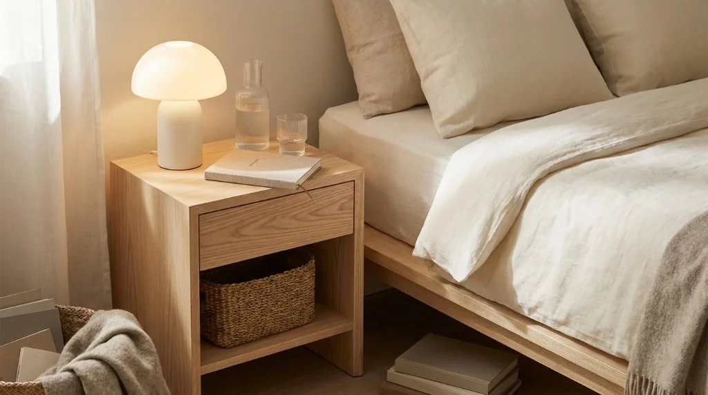 Natural solid ash wood bedside nightstand with open lower shelf, ceramic reading lamp, and water carafe beside a platform bed