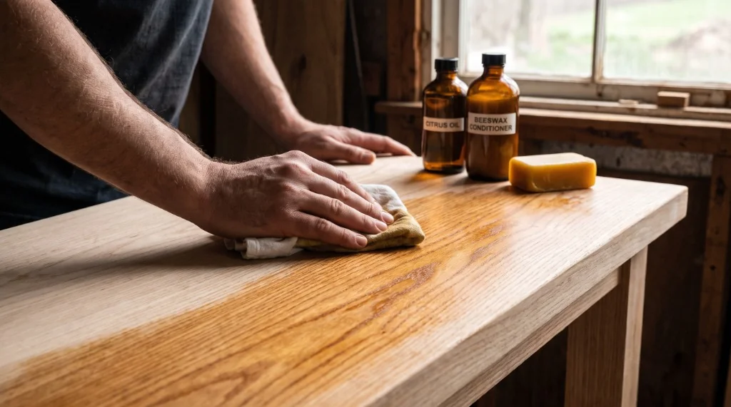 Artisan applying natural non-toxic plant oil finish to a solid wood dining table surface with clean cloth