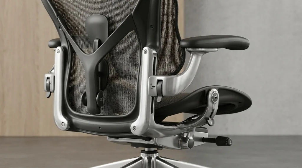 Detail view of an ergonomic office chair featuring breathable tensioned mesh and a polished recycled aluminum frame