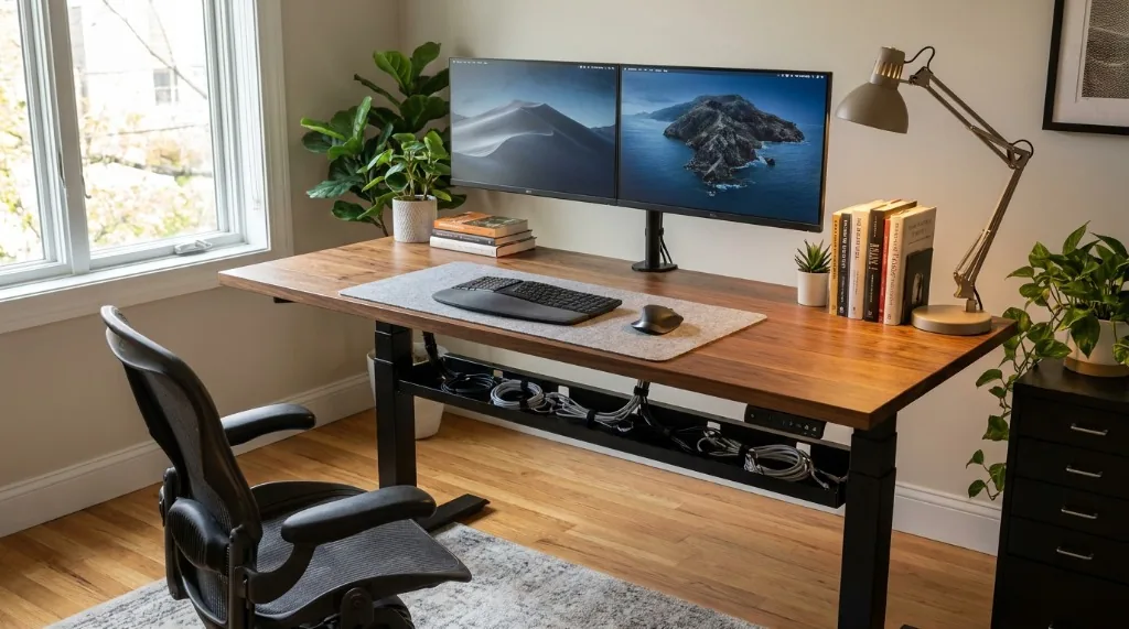 Complete ergonomic home office setup showing perpendicular window lighting, dual monitors, wool felt pad, and under-desk cable tray