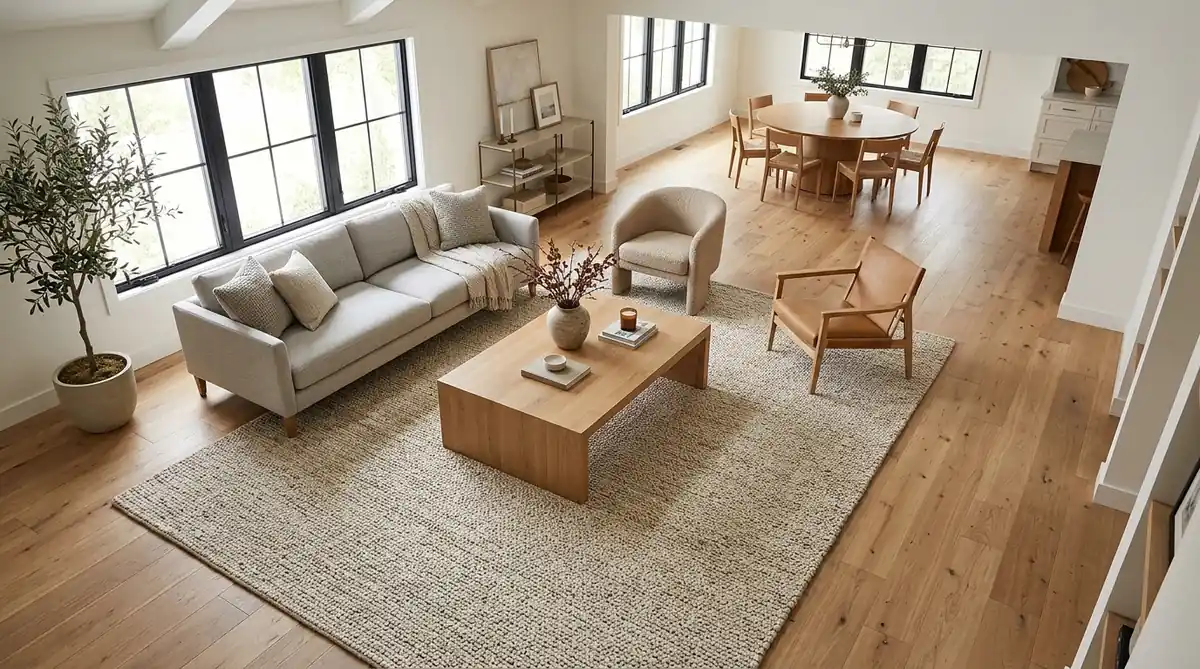 Spacious open living room anchored by a textured fair trade wool area rug and solid hardwood coffee table