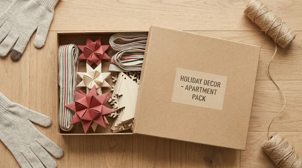 Flat-pack holiday decor packed in a slim kraft cardboard document storage box for small apartment living