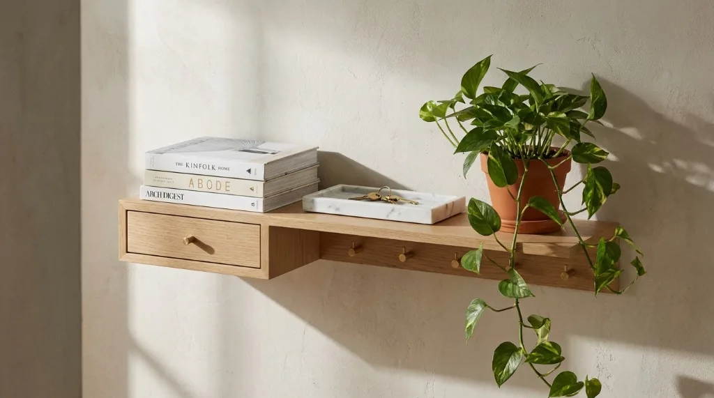 Wall-mounted white oak floating entryway shelf drop zone with drawer and brass key hooks