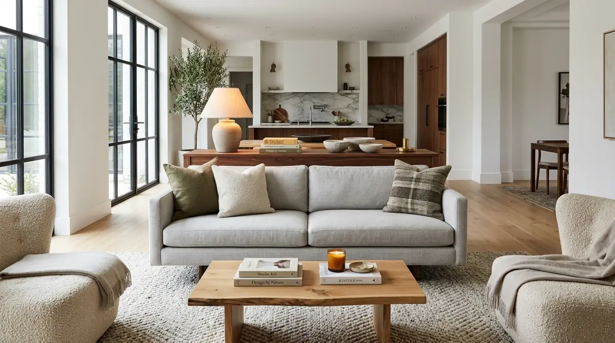 Floating sofa with slender wooden console table divider and layered seating in an open plan living space
