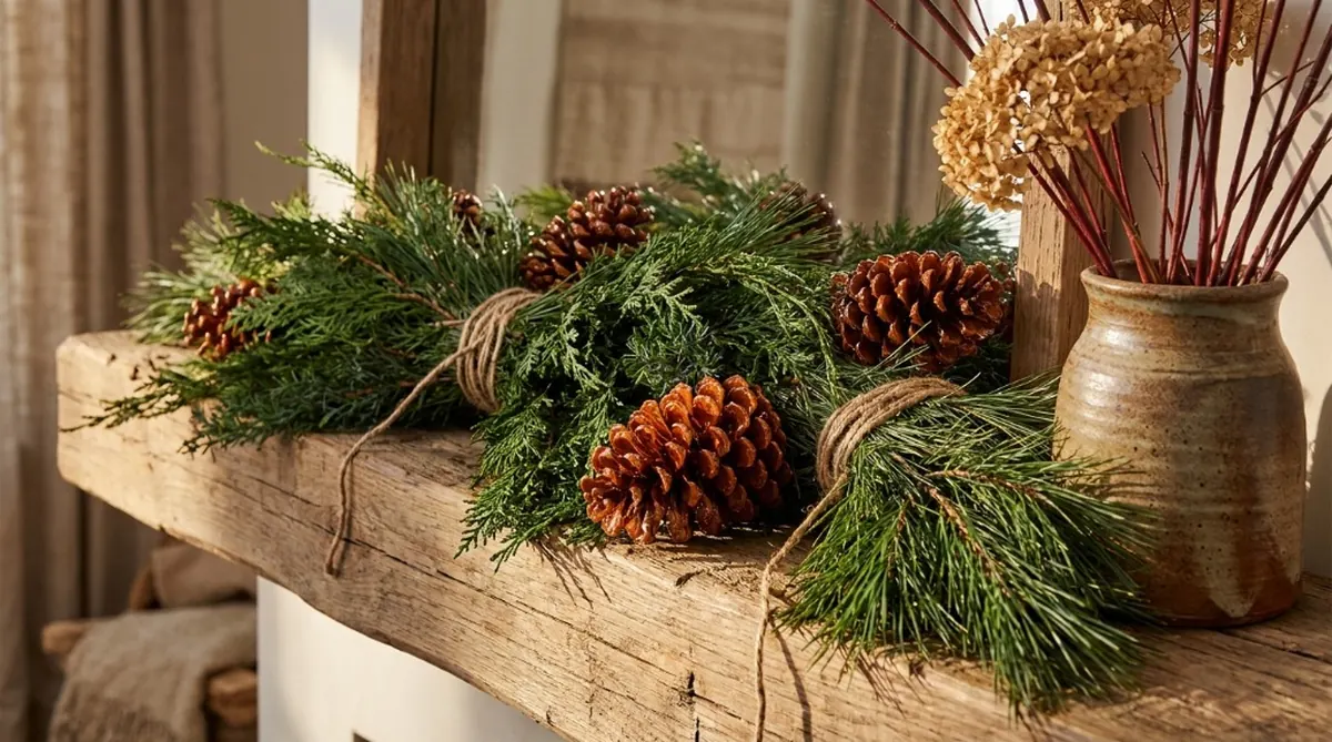 Close-up of a reclaimed wood mantel with cedar boughs, pinecones, and red dogwood branches in ceramic urns