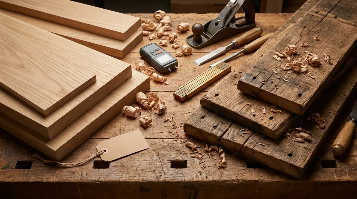 Fresh timber boards beside weathered planks, hand tools, and a moisture meter on a workbench