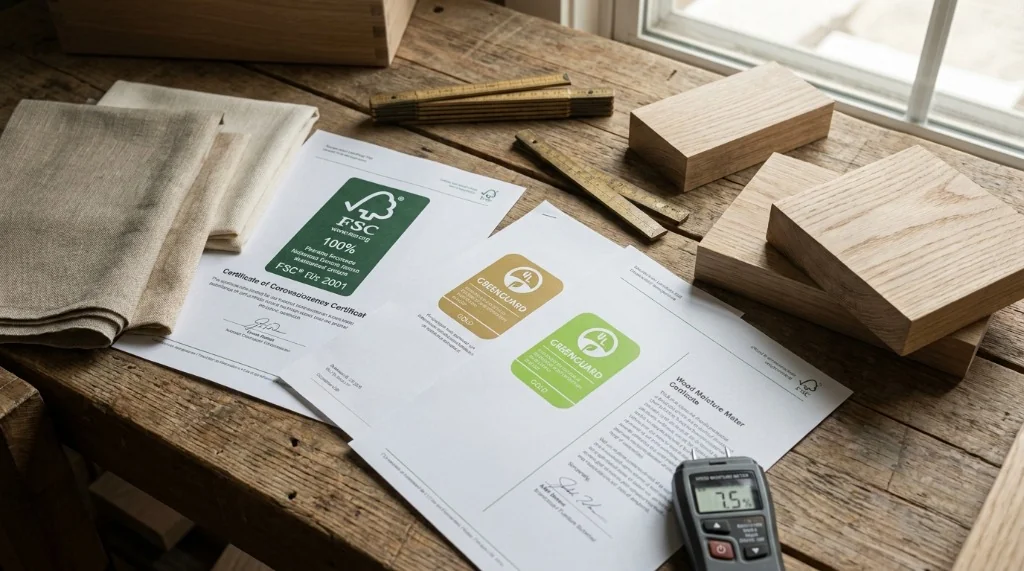 Furniture designer reviewing FSC timber documents, GREENGUARD Gold emission tags, and material swatches at a studio desk