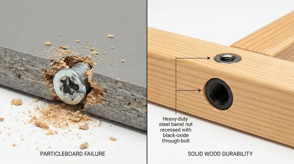 Macro comparison showing blown-out particleboard cam-lock hardware beside a heavy-duty steel barrel nut in solid wood