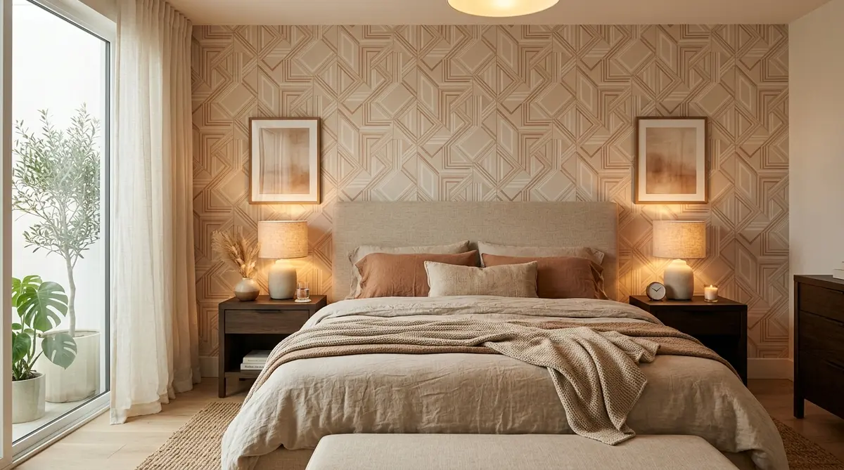 peel and stick wallpaper how many rolls - Geometric peel and stick wallpaper accent wall behind a king bed in a modern neutral bedroom