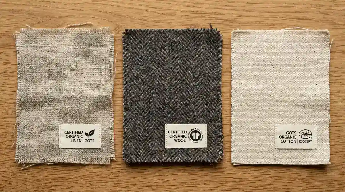 Textile flat lay displaying certified non-toxic upholstery fabric swatches including organic flax linen, pure wool tweed, and heavy cotton canvas.