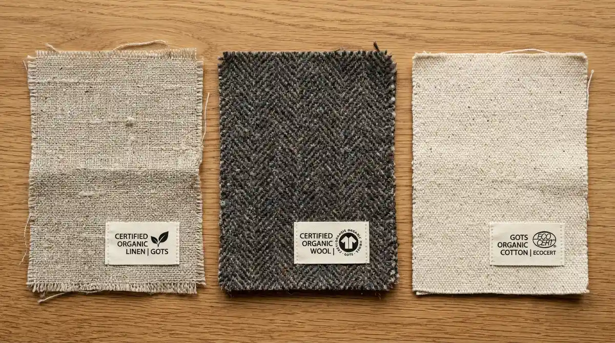 Certified non-toxic eco textile swatches comparing organic natural fibers against synthetic viscose weaves