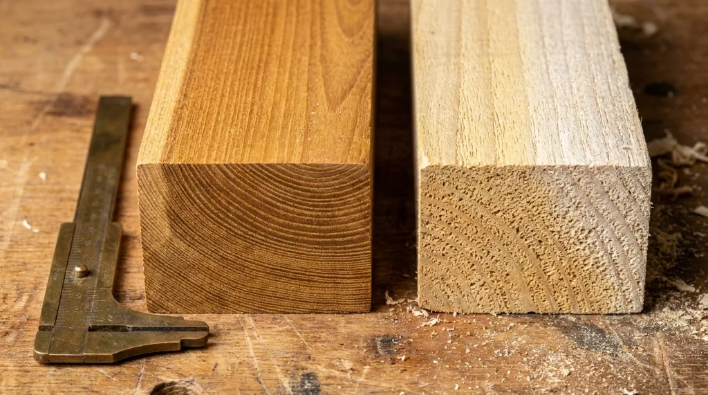Detailed side by side macro comparison of dense oily Grade A teak heartwood and pale porous Grade C sapwood with brass caliper