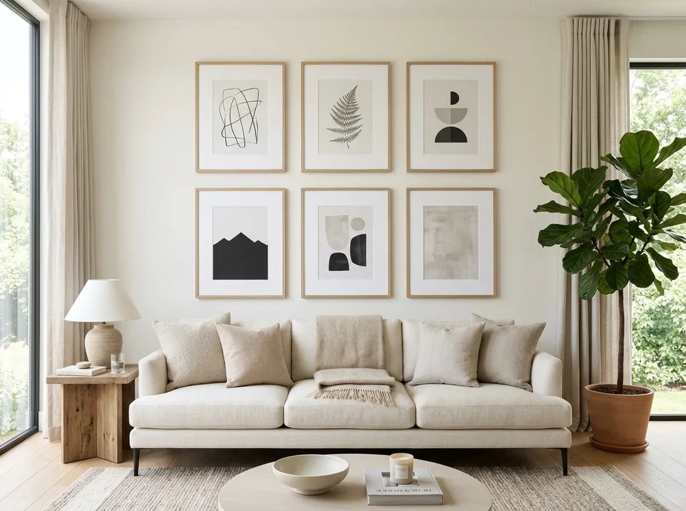 Symmetrical grid gallery wall spacing showing 6 matching oak frames hung 2.5 inches apart over a living room sofa
