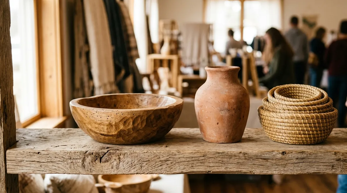 Handcrafted fair trade home decor accents including hand-carved mango wood bowl terracotta pottery vase and coiled sweetgrass nesting baskets on rustic oak shelf