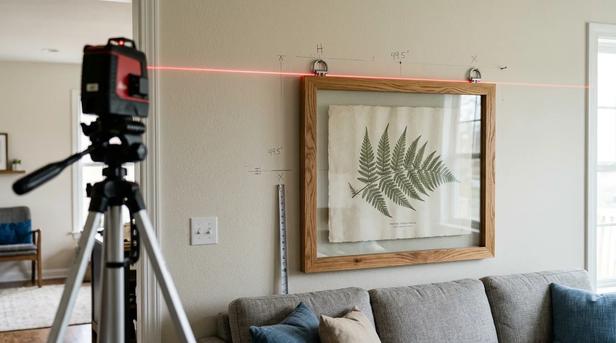 Laser level and dual D-ring picture hardware used to determine how high to hang art over a sofa