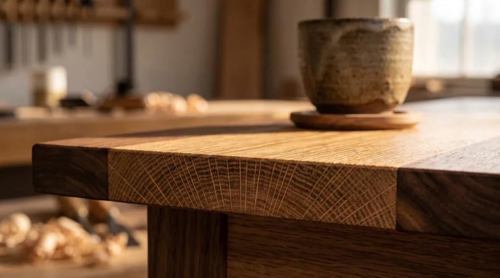 Close up view of authentic solid hardwood timber grain showing white oak and walnut pores treated with clear plant oil